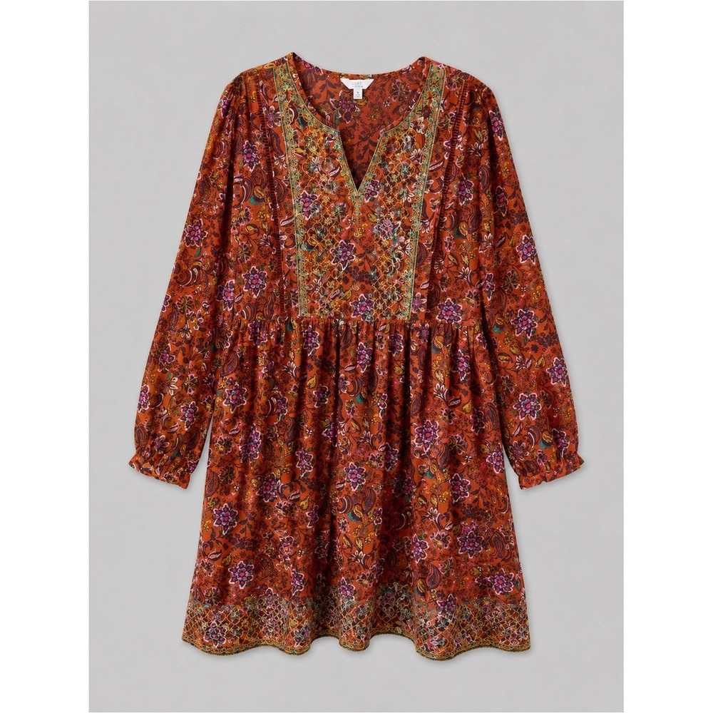 Embroidered V-Neck Floral Midi Dress in Rust